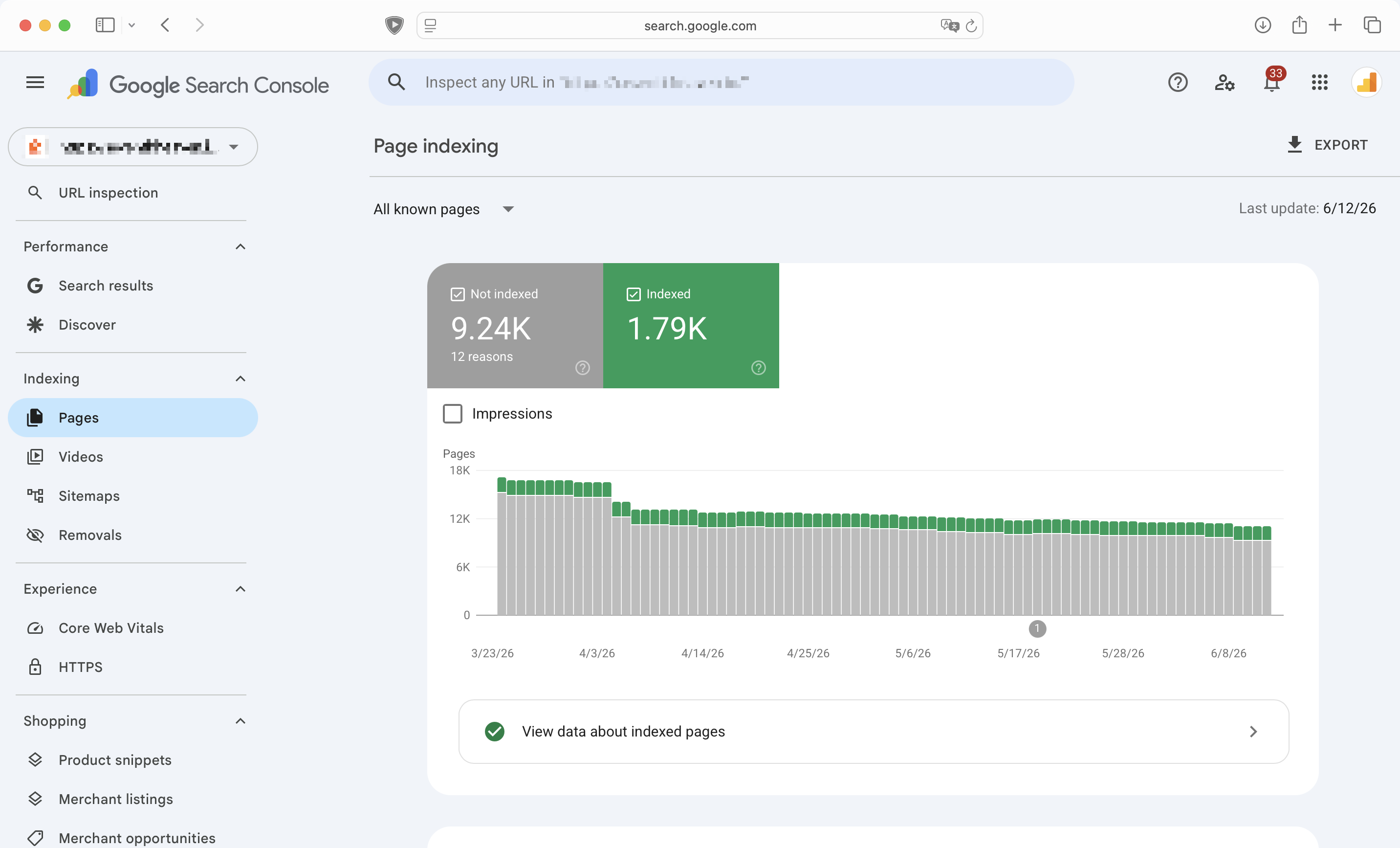 Google Search Console Page indexing report for an ecommerce store we audited, showing more than 9,000 pages not indexed against about 1,790 indexed.