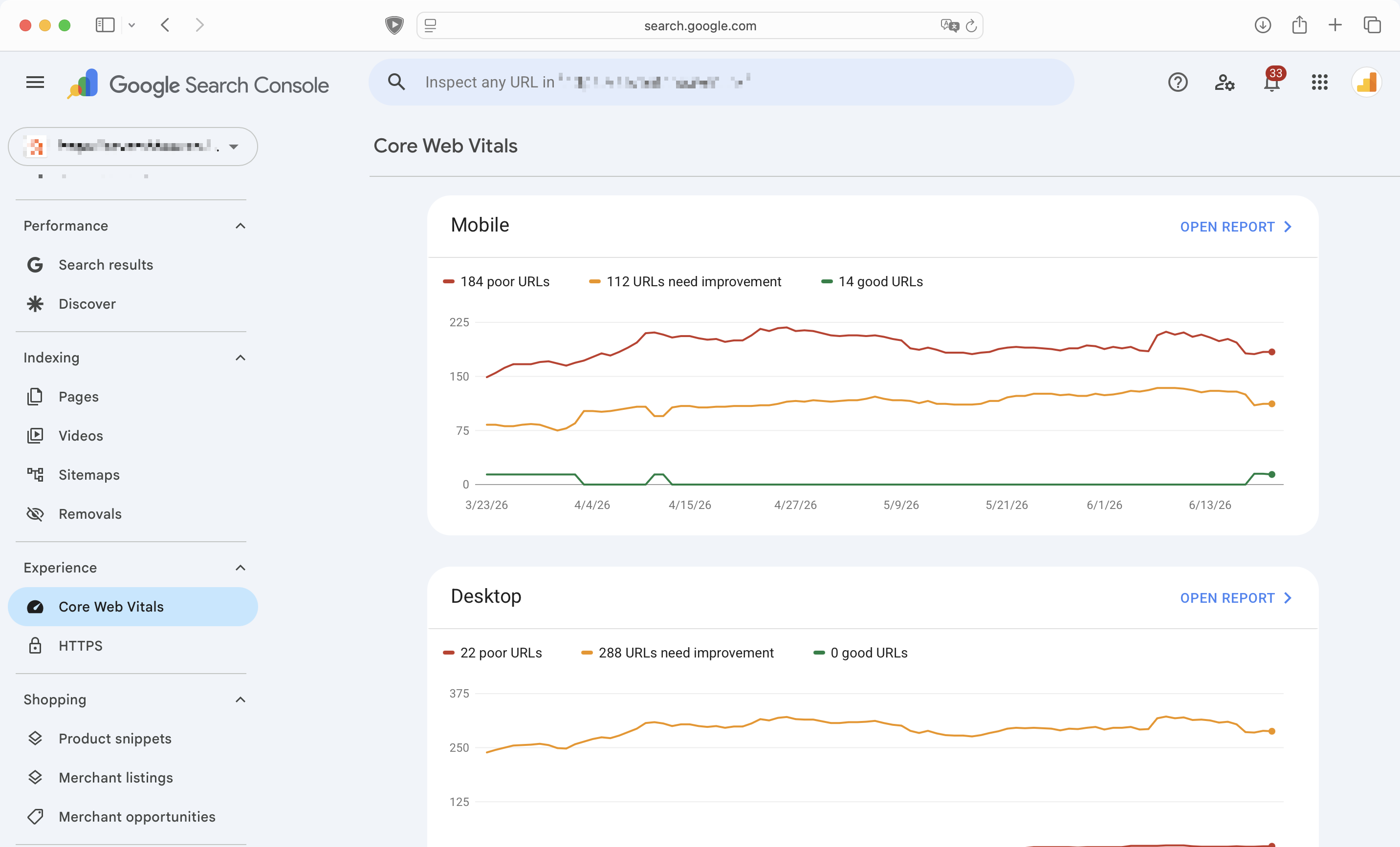 Core Web Vitals report for an ecommerce store we audited showing 184 poor URLs, 112 URLs needing improvement, and 14 good URLs on mobile.