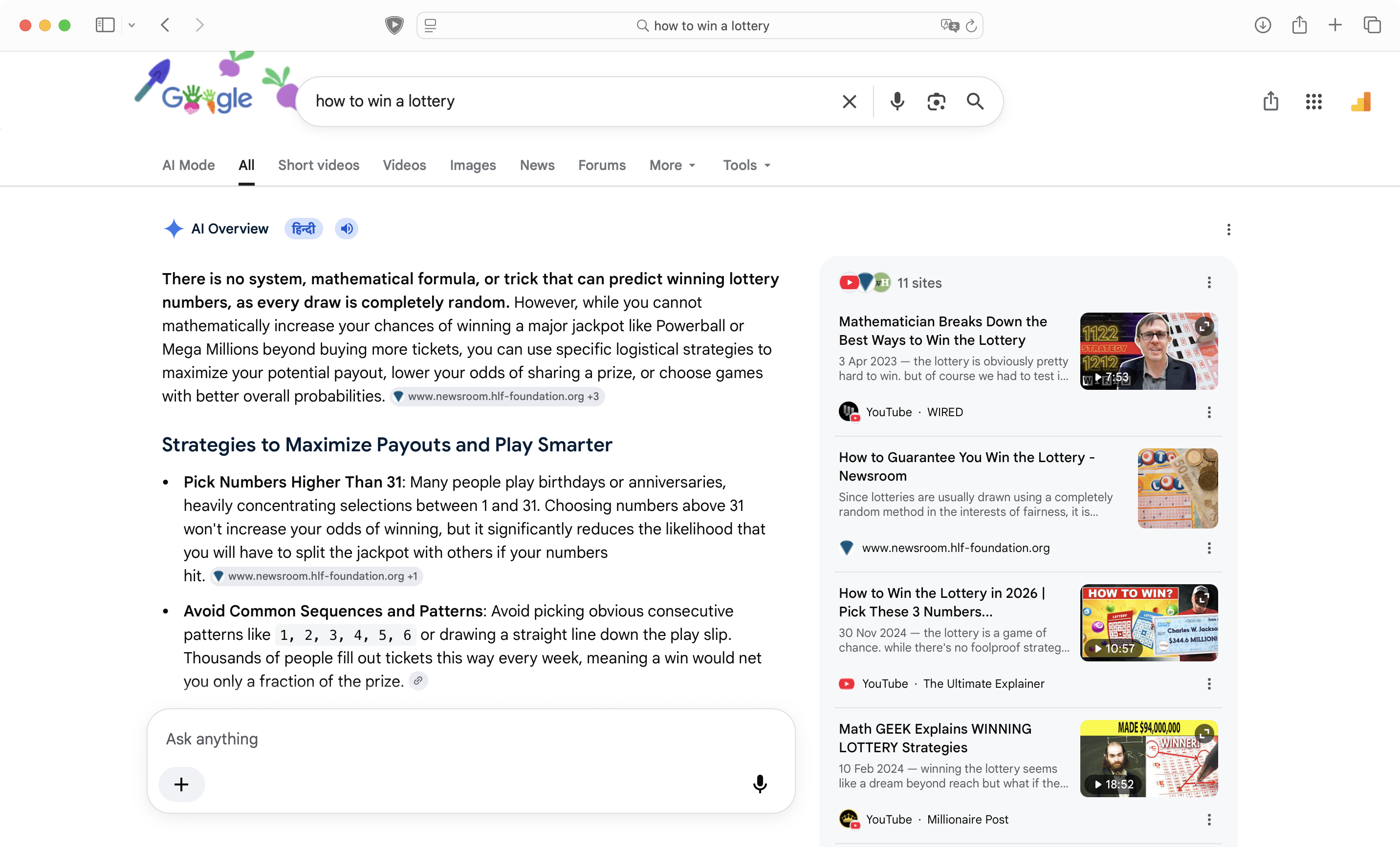 A Google search results page topped by an AI Overview answer, with the list of sources it cites shown alongside it.